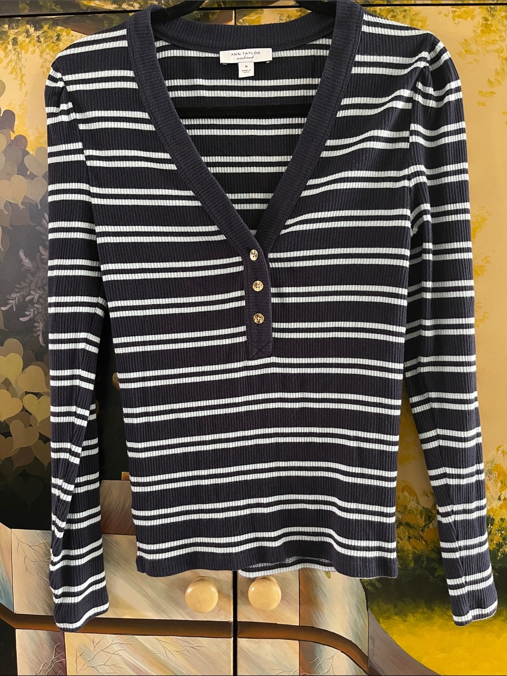 Ann Taylor Navy & White Striped V‑Neck Long Sleeve Top